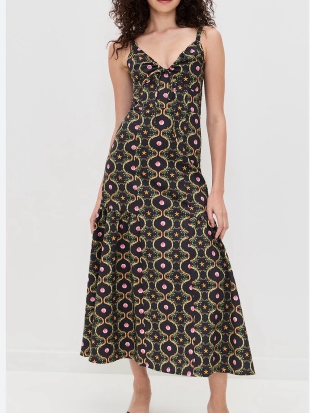 Black Patterned Midi Dress with Pink Accents